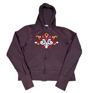 vintage y2k 2000s floral swirl brown zip up hoodie womens XL retro streetwear